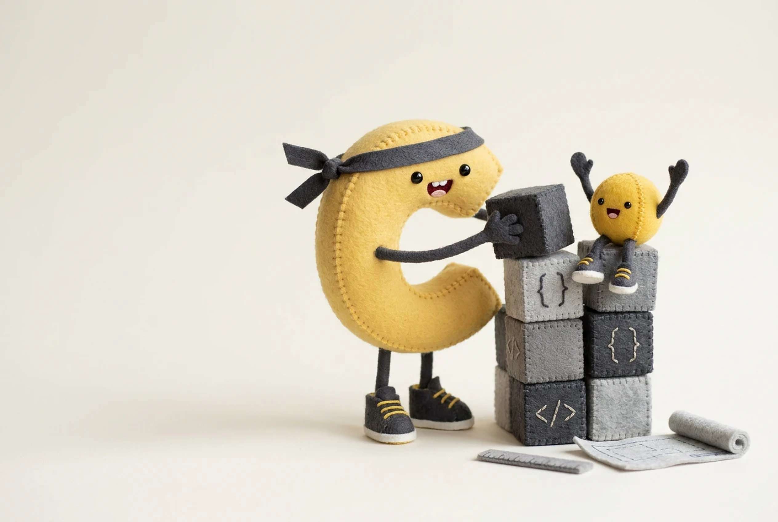 The C and the full stop of the Calima logo as felt characters, building with blocks