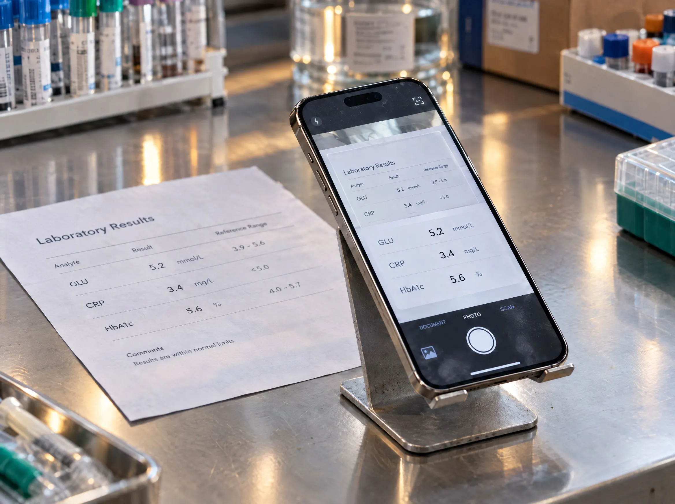 A phone photographing a sheet of lab results on a workbench