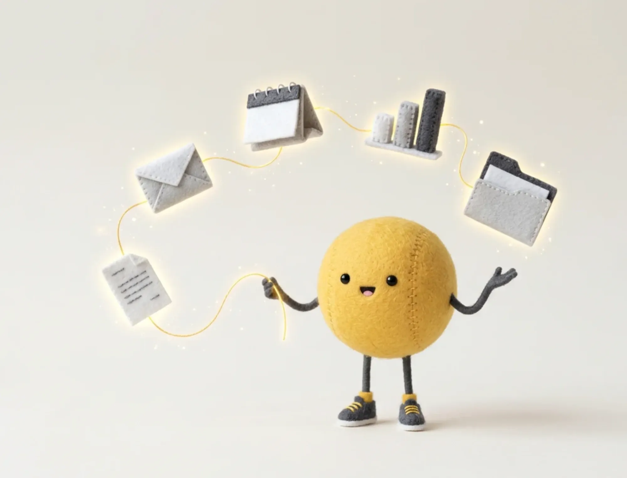 A yellow felt figure linking a document, an email, a calendar, a chart and a folder with a glowing thread