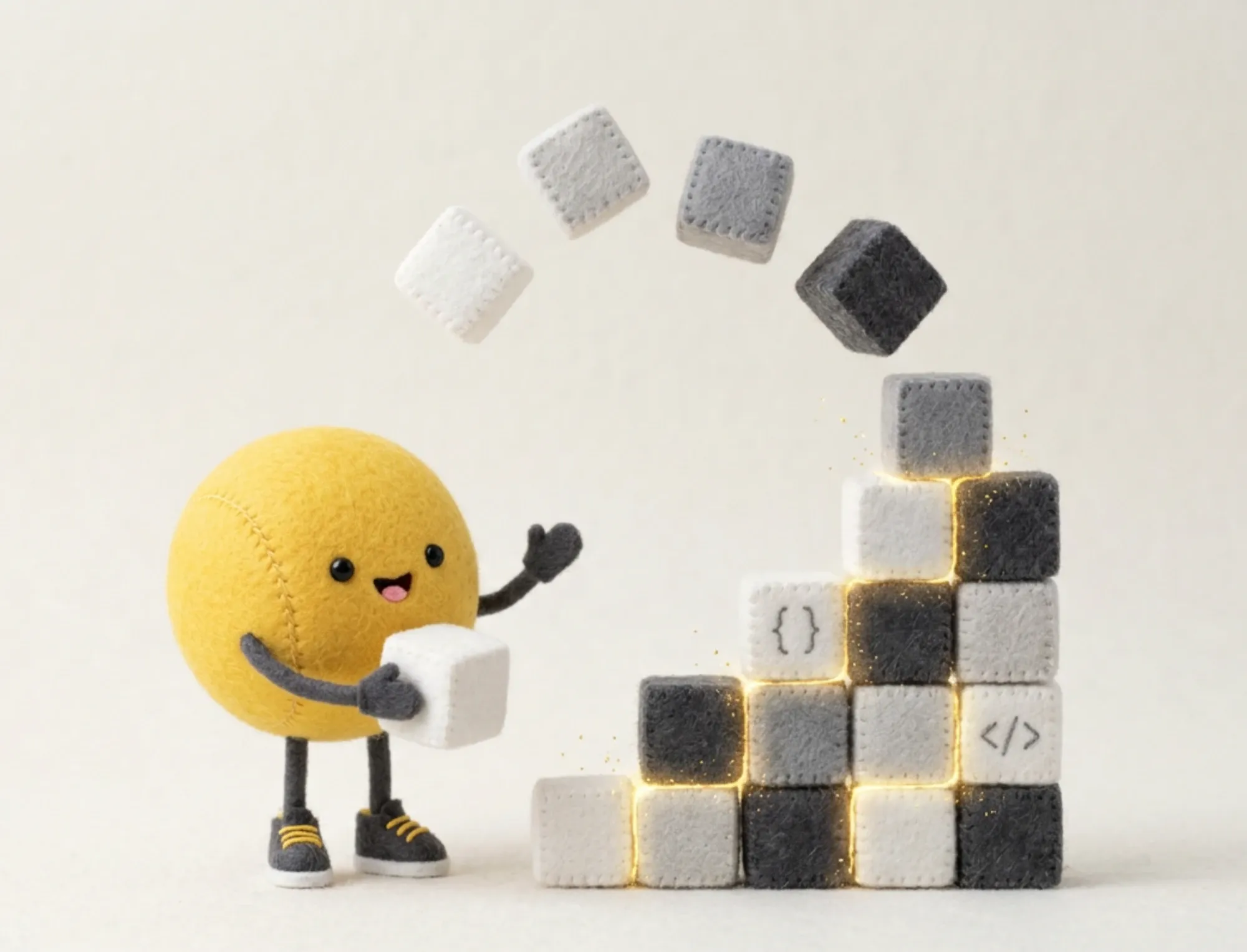 A yellow felt figure building a wall of felt blocks, some marked with code symbols